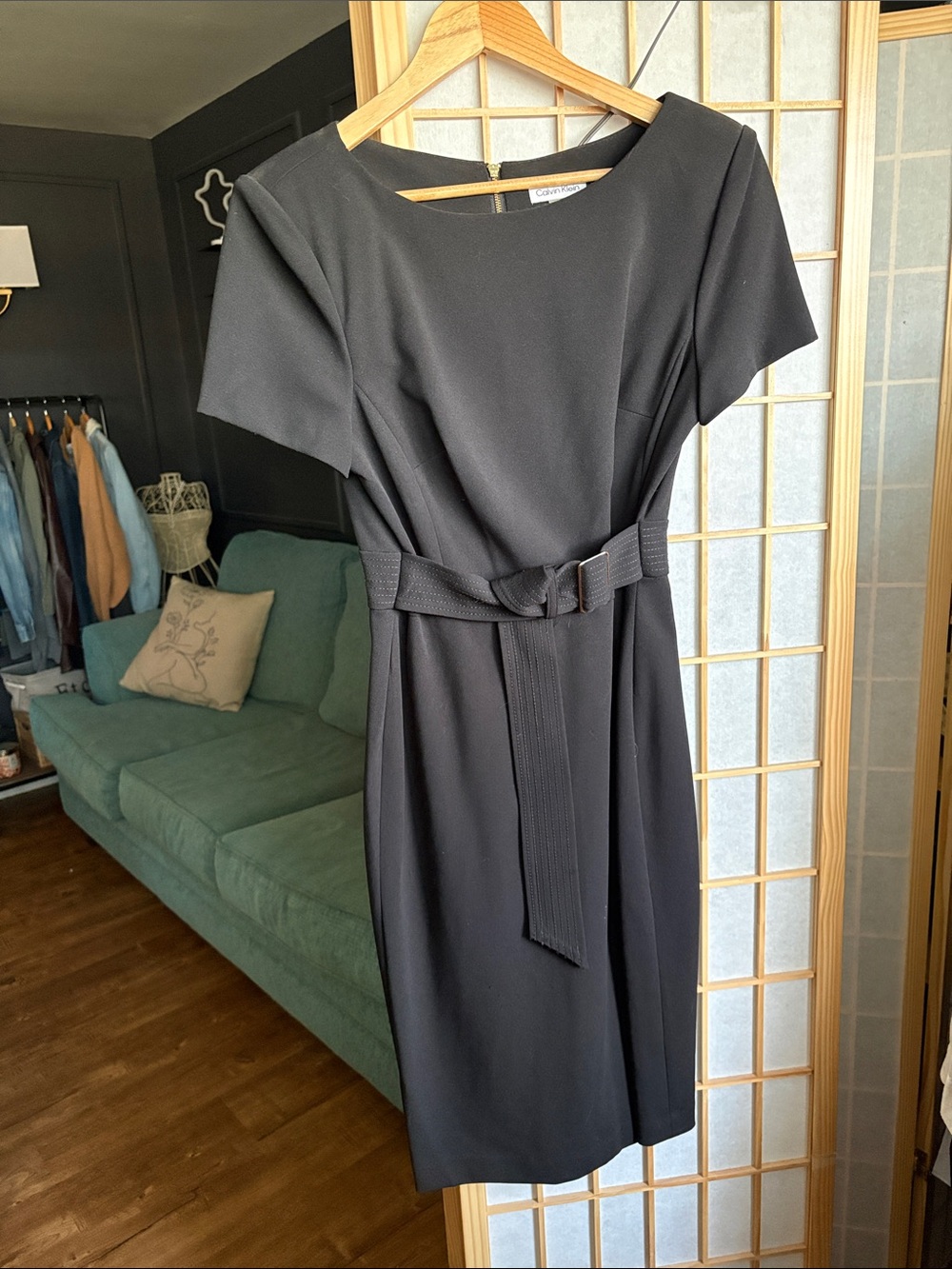 Calvin Klein Black Short-Sleeve Belted Midi Dress